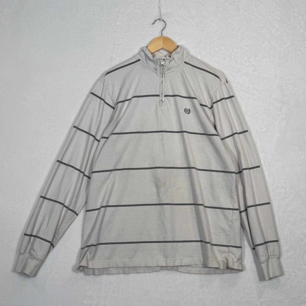Chaps Mens XL Quarter Zip Pullover Striped Long Sleeve Mock Neck Grey Off White